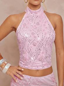 Lumalex 秋季节日派对背心，狂欢节郊游游泳度假优雅复活节波西米亚风海滩热户外丰富层次婚礼季节宴会成人仪式海滩海滨女士亮片拼布露背短款背心粉色亮片粉色派对背心 - 粉色 - 查看 1