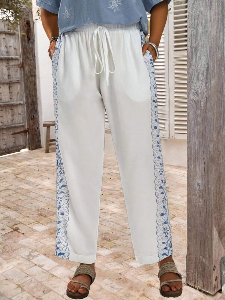 Plus Size Women Summer And Fall Casual Elastic Waist Floral Print White Pants Trousers With Pockets, Summer Holiday,Vacation,Simple And Fashionable For Everyday Wear,Vacay Vibes,Springbreak,Casual Wear,Bohemia,Fall