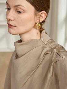 Dazy-Less 女士宽松雪纺衬衫，休闲商务办公装，长袖，披肩领，适合春、夏、秋季穿着。 - 杏色 - 查看 7