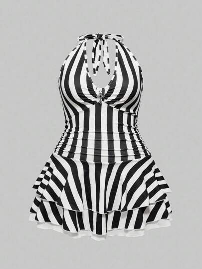 Gothic Schwarz-Weiß gestreiftes Kreuz-Dekor Mehrschichtiges Rundhalsausschnitt Bodycon Kleid Große Größen