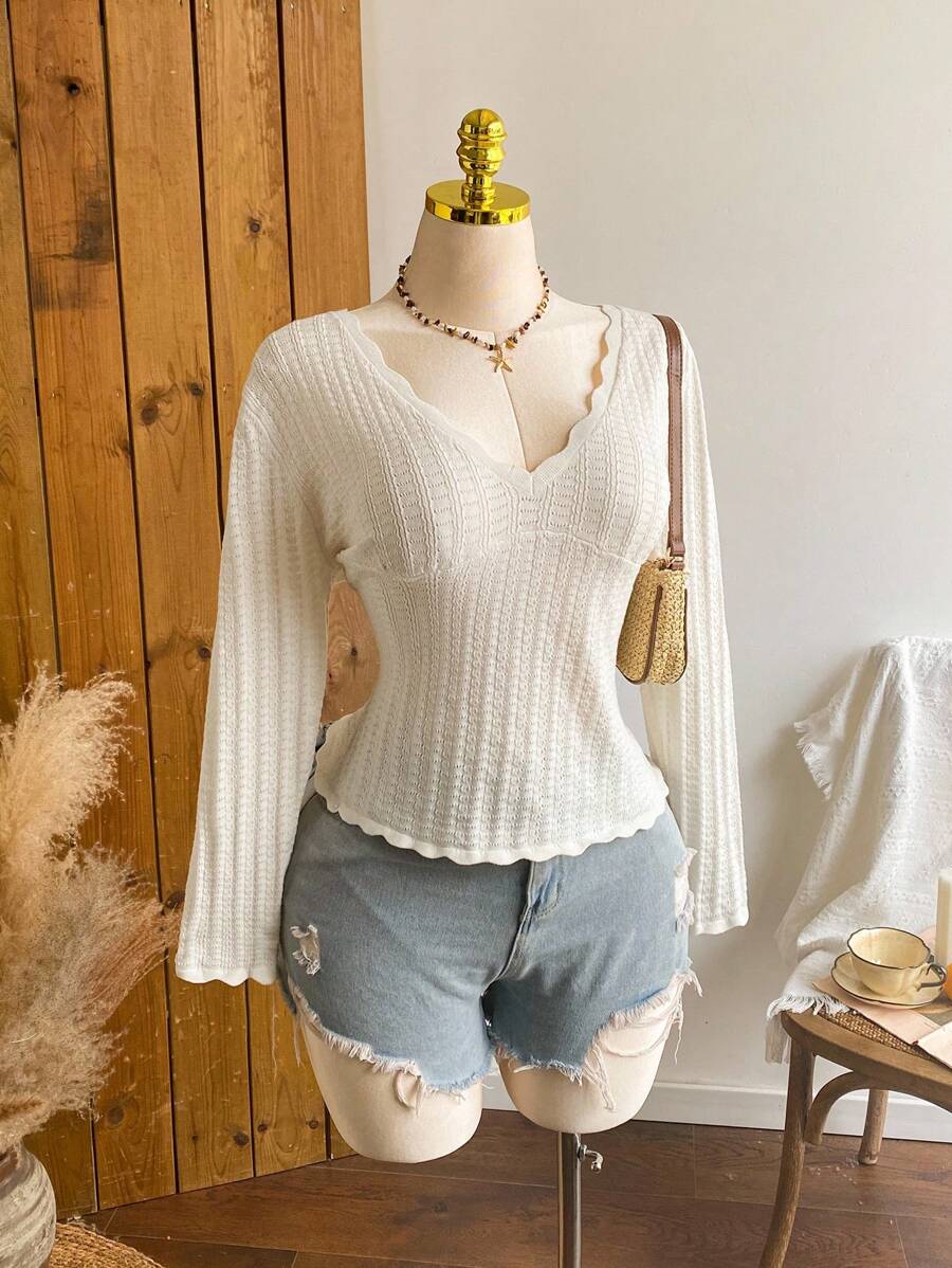 Comfortcana Áo thun tay dài họa tiết hoa dệt kim cỡ lớn cho nữ, nhẹ mùa thu/đông - Màu be - Xem 1