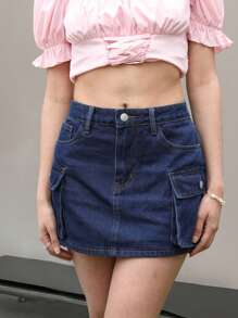 SHEIN ICON Women's Summer Solid Color Cargo Denim Skirt - Medium Wash - View 3