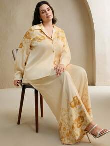 Anewsta 女士优雅日常休闲装，宽松黄色印花长袖开襟衬衫和阔腿裤套装，适合婚礼派对 - 黃色 - 查看 4