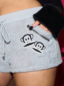 Paul Frank X ROMWE Letter Embroidered Drawstring Waist Plush Shorts - Grey - View 5