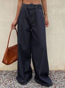 Livesso Women's Casual Loose Fit Slant Pocket Wide Leg Jeans - Dark Wash - View 4