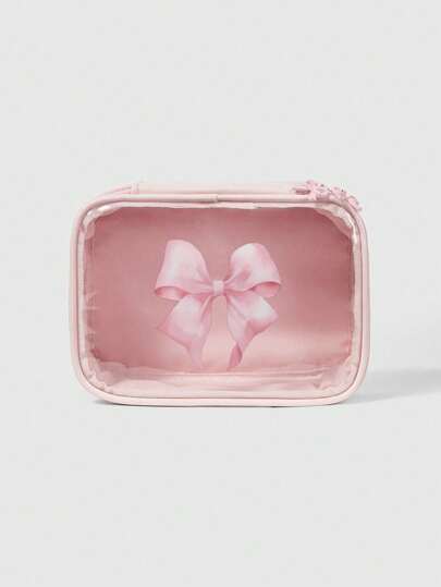 Kawaii Lindo parche transparente con estampado de lazo, artículos de tocador portátiles de forma cuadrada