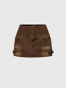ROMWE Hippie Y2K Style Faded Washed Denim Mini Skirt, Low Waist - Brown - View 1