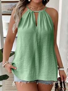 EMERY ROSE 加大码时尚杏色细肩带休闲宽松修身隐臀无袖吊带背心，优雅女式设计 - 綠色 - 查看 5