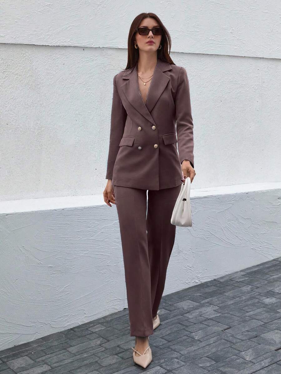 CLARA VERO 女士纯色斑驳翻领长袖双排扣夹克和裤子套装 - 棕色 - 查看 1