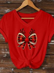 INAWLY Plus Size Women's Bowknot Print V-Neck Short Sleeve Casual Loose T-Shirt, For New Years Graphic Tees Women Tops - Red - View 1