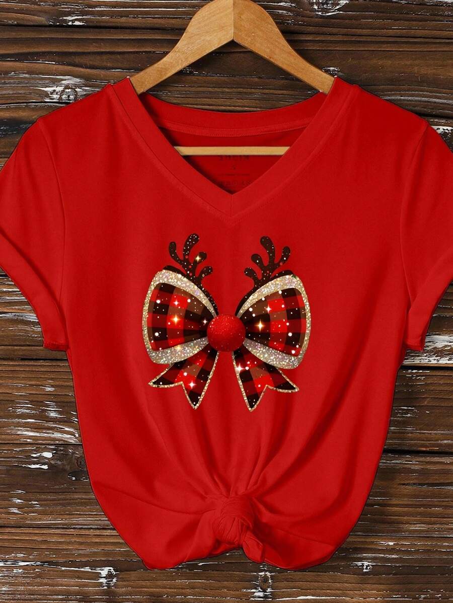 INAWLY Plus Size Women's Bowknot Print V-Neck Short Sleeve Casual Loose T-Shirt, For New Years Graphic Tees Women Tops - Red - View 1