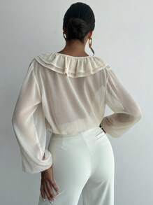 Firerie 女士优雅浪漫休闲百搭宽松深 V 领荷叶边长袖衬衫，适合秋夏季 - 黃色 - 查看 7