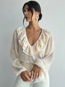 Firerie 女士优雅浪漫休闲百搭宽松深 V 领荷叶边长袖衬衫，适合秋夏季 - 黃色 - 查看 2