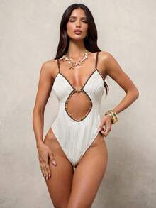 Swim Glamine Women's Boho Zigzag Colorblock Starfish One-Piece Swimsuit, Hollow Out Beach Casual Elegant