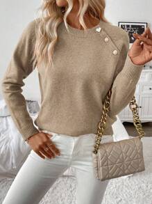 EMERY ROSE Women's Oblique Placket Button Front Long Sleeve Casual Minimalist Sweater Knit Pullover Fall Winter Outfit