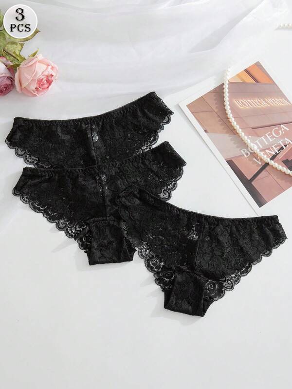 Shein Underwear&Sleepwear Basics Set de 3 chiloți din dantelă florală Lenjerie