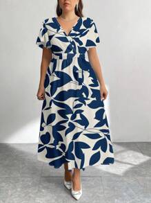 Modelyn Casual Vintage Floral Pattern Loose Fit Plus Size Dress, Suitable For Autumn/Winter Suitable For Going Out - Blue and White - View 4