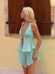 SHEIN ICON 2pcs Metallic Starfish Decor Asymmetrical Hem Halter Neck Top And Mini Skirt Suit - Mint Blue - View 4