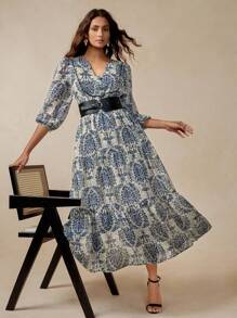 Florisole 女式波西米亚复古花卉印花 V 领荷叶边中长束腰连衣裙 - 藍色 - 查看 6