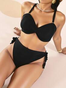 Swim Basics Bộ bikini xoắn phía trước màu trơn cỡ lớn có áo và quần - màu đen - Xem 1