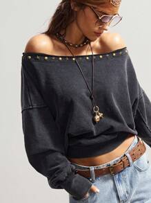 Bohemela Boho Sommer/Herbst Damen Casual Einfarbig Washed Black Studded Metal Decor Off Shoulder Sweatshirt, Bohomian Style Urlaubsoutfits, Geeignet für Musikfestivals - Schwarz - Übersicht 2