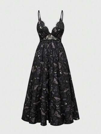 Goth Vestido largo con estampado completo de mariposa, luna y bosque misterioso vintage para mujer