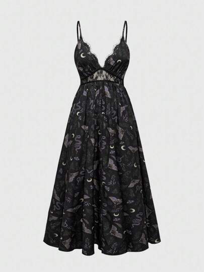 Goth Robe longue imprimée avec motif vintage de forêt mystérieuse, feuilles, papillon de nuit et lune pleine pour femmes