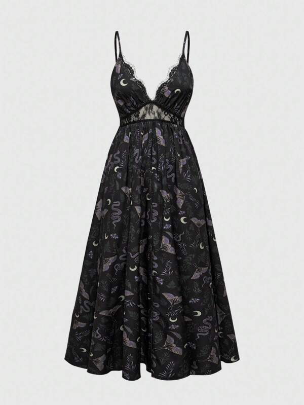 ROMWE Goth Vintage Mysterious Forest Leaf Moth Moon Full Print Lange Jurk voor Dames