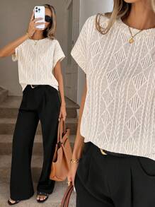 Easowa 女士纹理面料圆领短袖米色T恤，夏季 - 白色 - 查看 2