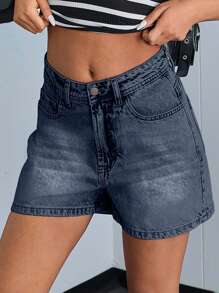 EURMUSE WOMEN HIGH WAIST MINI SHORT LIGHT BLUE WASH CASUAL STREET WEAR - Dark Wash - View 5
