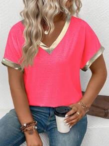 EMERY ROSE Women's Casual V-Neck Short Sleeve Metallic Trim Plus Size T-Shirt - Coral Pink - View 4