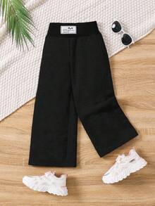 SHEIN Young Girl Letter Patched Detail High Waist Casual Wide Leg Baggy Sweatpants,Comfortable Simple Loose Fit Wide-Leg Pants,Great For Casual & Daily Wear & School Daily Autumn & Winter, Girls Black Sweatpants. Girls Loose Pants Fall - Black - View 2
