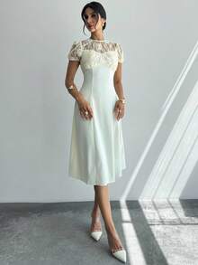 Firerie Elegant Ivory Lace Puff Sleeve Midi Dress For Women Round Neck A Line Flared Hem Woven Fabric - Champagne - View 7
