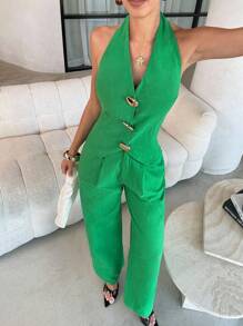 Lavishia 2 件绿色棉质不对称金属扣装饰衬衫 + 裤子套装，时尚日常通勤 - 綠色 - 查看 5