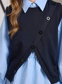 Tween-Mädchen Einfarbiges Set aus langärmligem Kleid mit Rüschensaum und einreihiger Weste - Blau - Übersicht 3