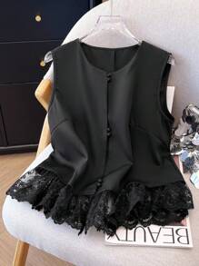 Franclia Women's Solid Color Embroidered Lace Patchwork Sleeveless Shirt With Design Details, Spring/Summer, Casual & Fashionable Clothes For University - Black - View 6