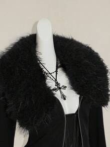 SHEIN CURVE+ Y2k 秋季西部风外出黑色拉链垃圾摇滚音乐会哥特纯色人造毛皮拉链拼布修身长袖夹克 - 黑色 - 查看 4