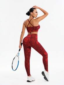 Gameset SHEIN Sport Set 2 buc. Ținută sport fără mâneci, cu imprimeu de piele de șarpe, model sport, talie înaltă, pentru ridicarea feselor