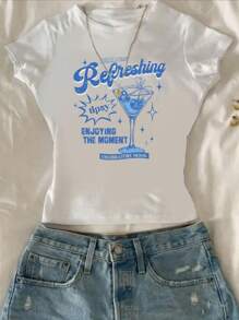 Attitoon Casual Retro Style Vacation Cocktail Graphic, Vintage Letter Graphic, Vacation Style Cocktail, Cocktail Party, Fitted Women Short Sleeve Crew Neck T-Shirt, Suitable For Summer Vacation Suitable For Going Out - White - View 5