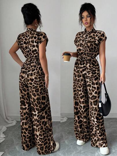 Selianne Women's Elegant Stand Collar Open Front Short Sleeve Waist Flared Leg Jumpsuit Clothes For University