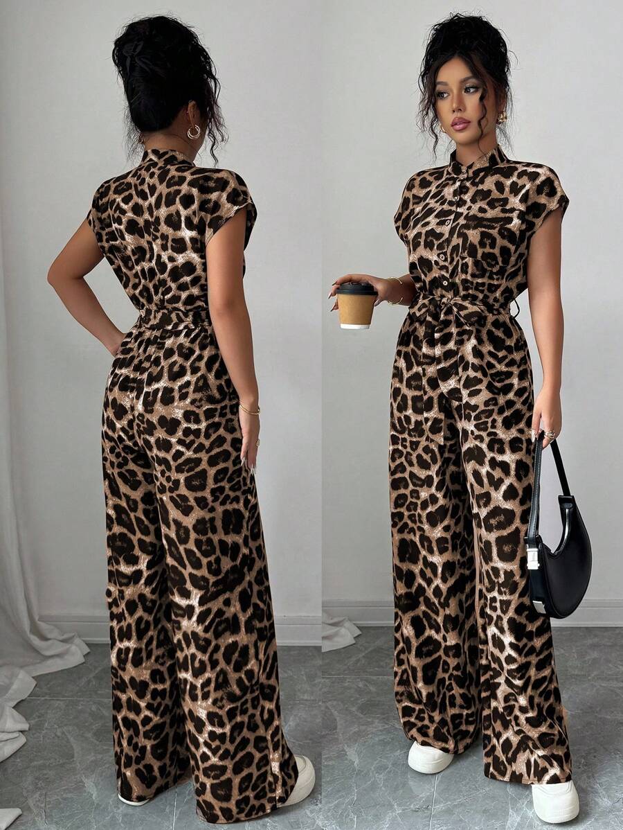 Women's Elegant Stand Collar Open Front Short Sleeve Waist Flared Leg Jumpsuit Clothes For University - Khaki - View 1
