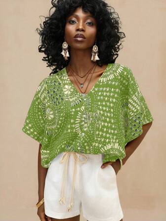 Vesra 女士花卉印花 V 领蝙蝠袖宽松休闲衬衫、短袖上衣