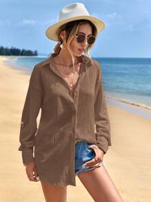 EURMUSE Women's Solid Color Drop Shoulder Long Sleeve Single-Breasted Casual Shirt - Mocha Brown - View 4