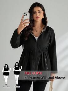 SHEIN Tall CURVE Jachetă cu glugă reversibilă cu imprimeu leopard, mărime plus, pentru femei, toamnă - Negru - Vizualizare 1