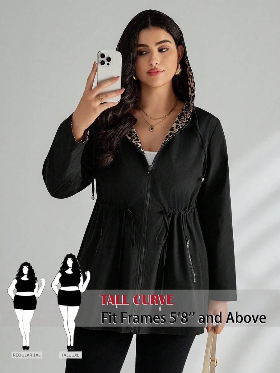SHEIN Tall CURVE Jachetă cu glugă reversibilă cu imprimeu leopard, mărime plus, pentru femei, toamnă - Negru - Vizualizare 1