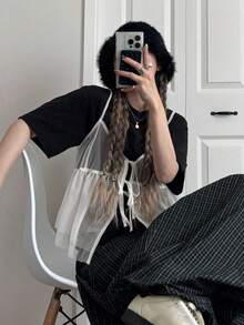 FRIFUL 女士系带网纱修身吊带背心，正面系带褶皱下摆，夏季 - 米色 - 查看 4