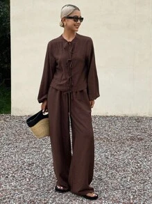 Livesso Women's Linen Casual 2 Pieces Set, New Autumn Collection - Brown - View 3