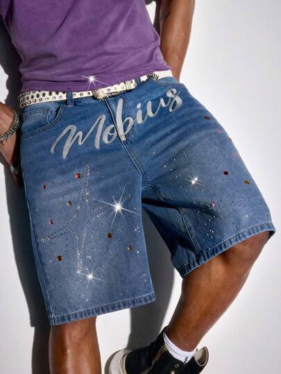 Street Life Pantalones cortos de denim con bolsillo y denimé con bordado de letras y rhinestones para hombre