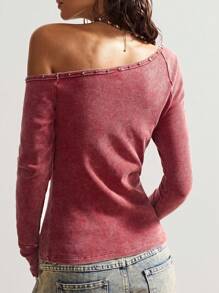 Bohemela Boho Vintage American Casual Star Pattern Knit Oblique Shoulder Slim Fit Washed Women T-Shirt - Red - View 7