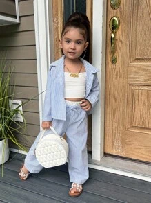 SHEIN 年轻女孩三件套：条纹衬衫、松紧腰裤、吊带背心，适合春夏季